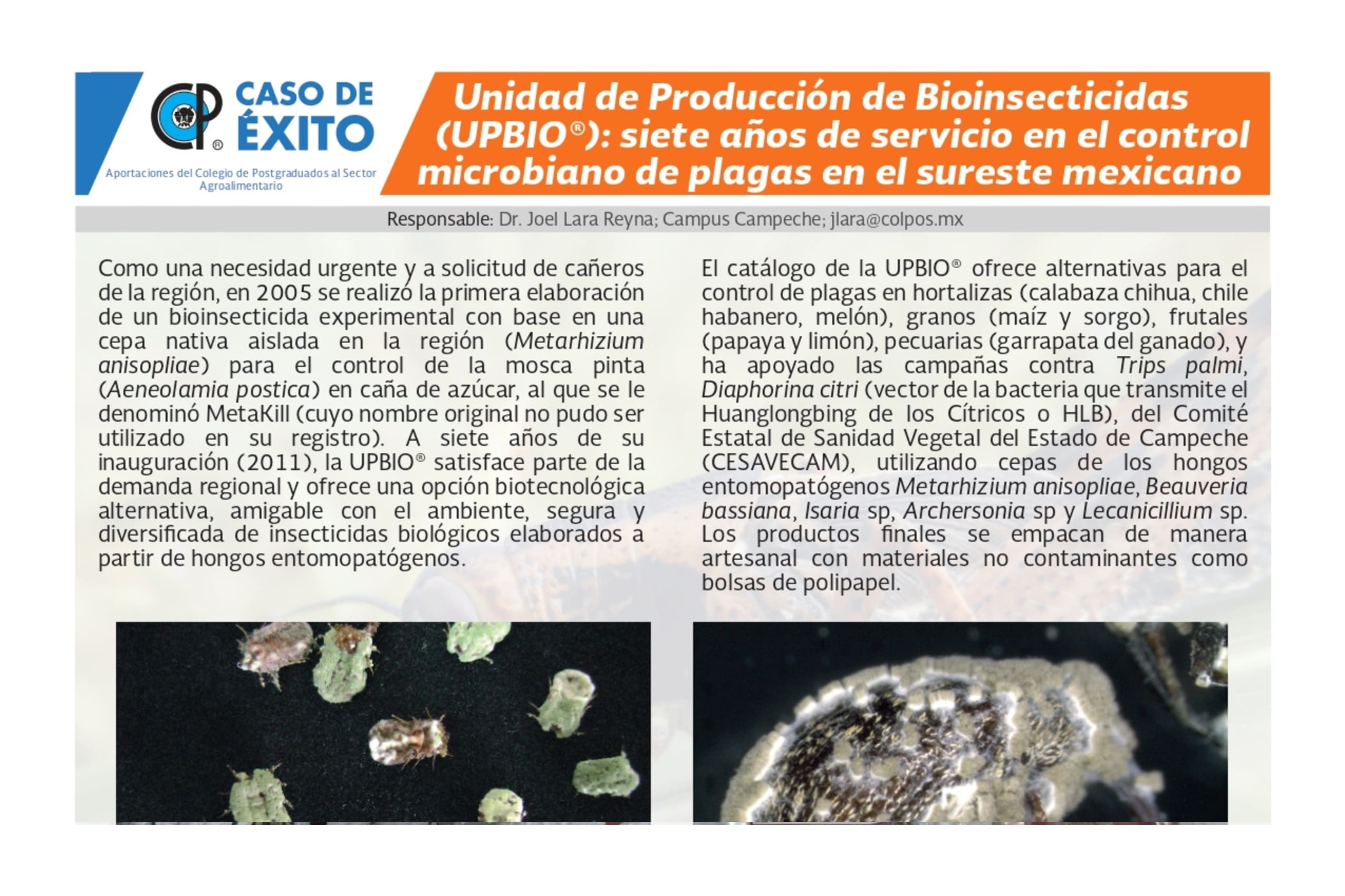 Unidad de Producción de Bioinsecticidas (UPBIO®): siete años de servicio en el control microbiano de plagas en el sureste mexicano.