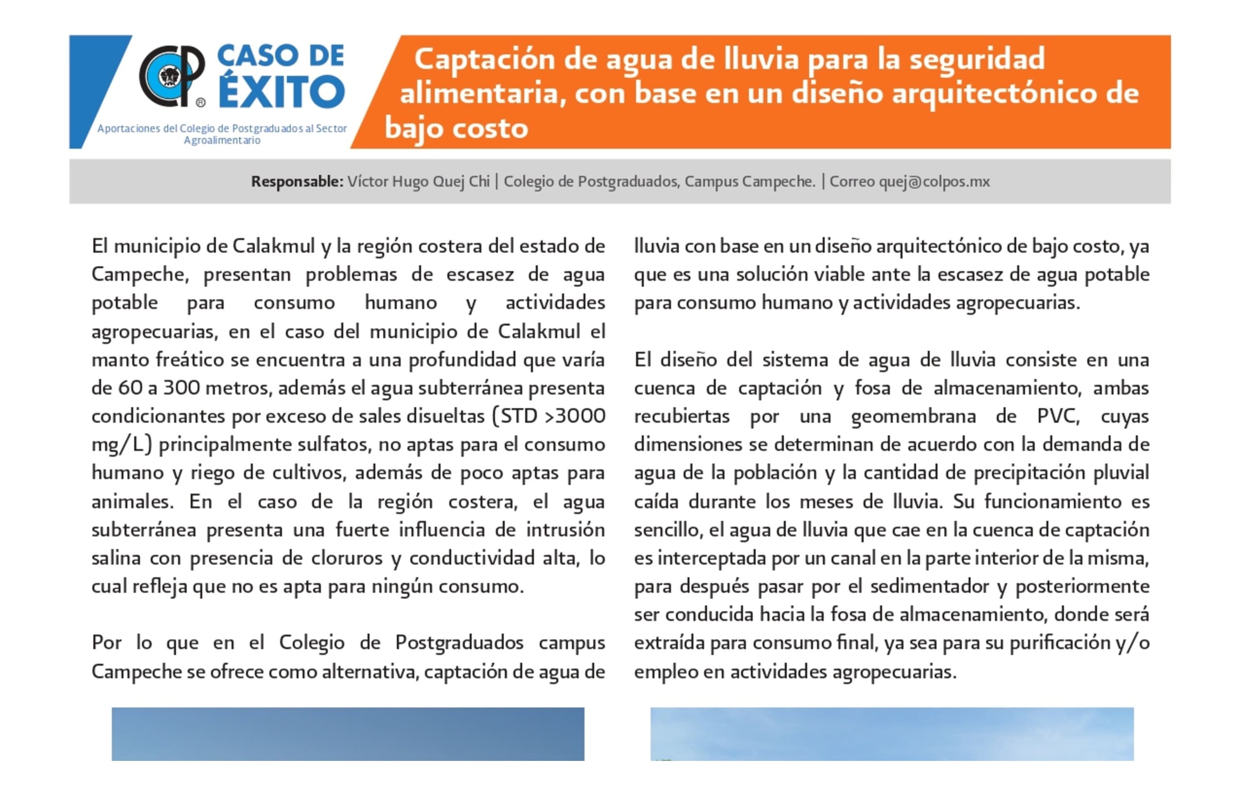 Captación de agua de lluvia para la seguridad alimentaria, con base en un diseño arquitectónico de bajo costo.